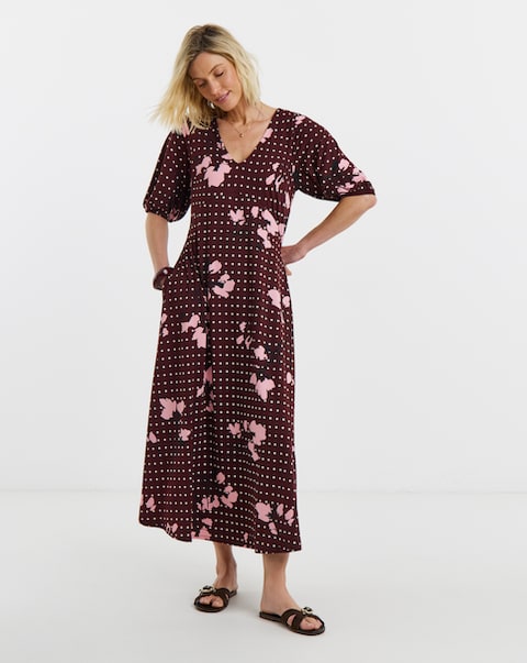 Burgundy Floral Puff Sleeve Jersey Tea Dress