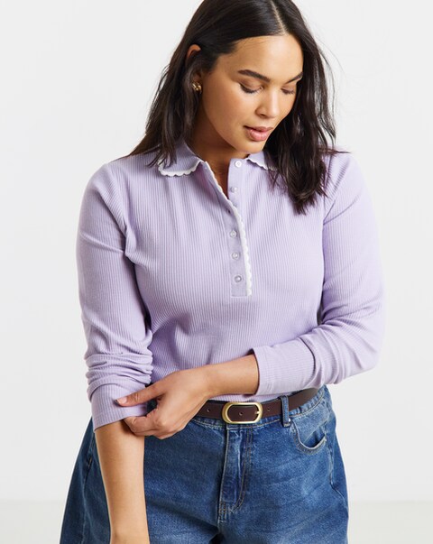 New In - Contrast Scallop Trim LS Polo