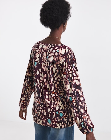 Butterfly Print Button Front Long Sleeve Top