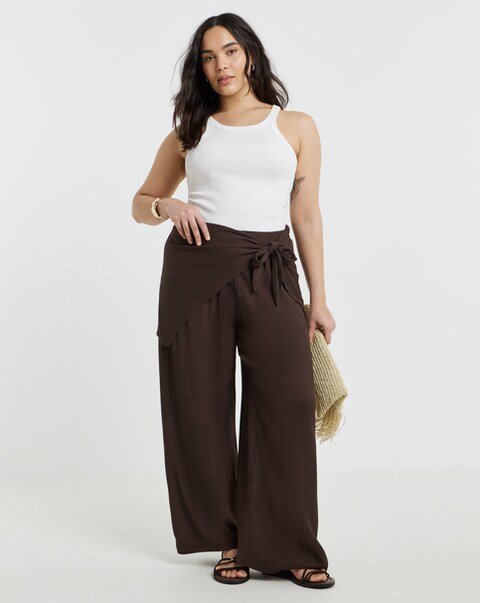 Simply Be Chocolate Crinkle Scarf Detail Wide Leg Trouser