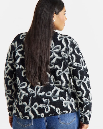 Simply Be Black Bow Print Fluffy Crew Neck Cardigan
