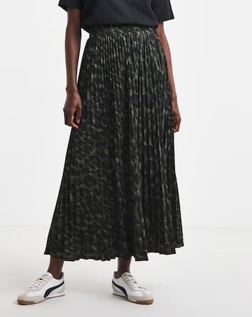 Khaki Leopard Jersey Pleated Midaxi Skirt