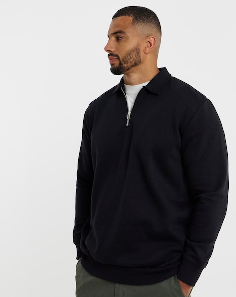 JACK & JONES Bradley Zip Sweat Polo - Black