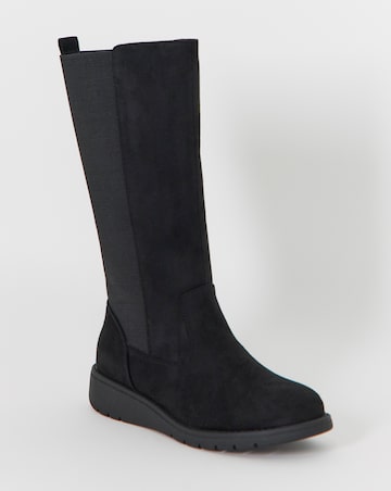 Cushion Walk Elasticated Back Wedge Calf Height Boots - Wide Fit (E)