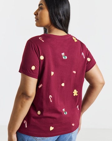 Simply Be Plum All Over Christmas Embroidery T-Shirt