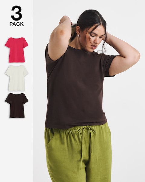 Chocolate, Cerise & Ecru 3 Pack Short Sleeve Slash Neck Tops
