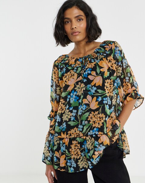 Simply Be Floral Print Shirred Neckline Short Sleeve Blouse