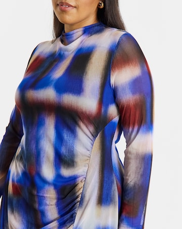 Check Print Ruched Mesh Midi Dress