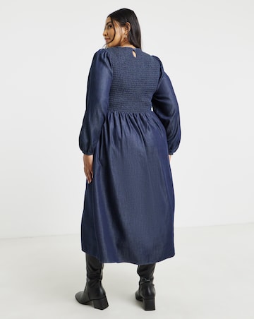Simply Be Indigo Long Sleeve Denim Soleil Shirred Midaxi Dress