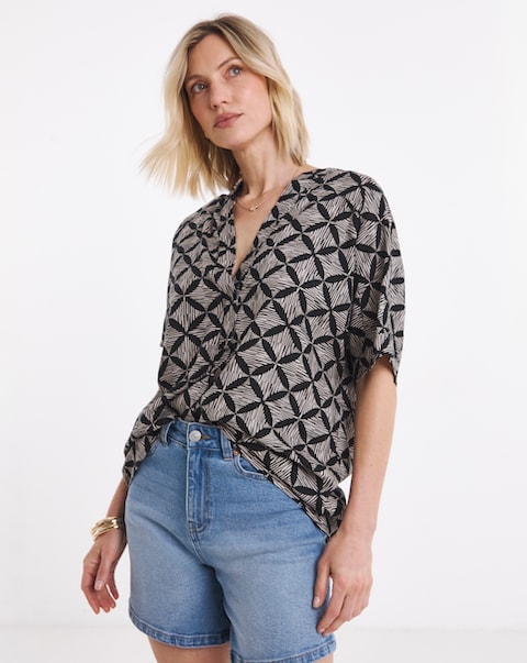 Printed Linen Mix Tunic Top