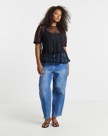 Simply Be Black Short Sleeve Lace Peplum Top