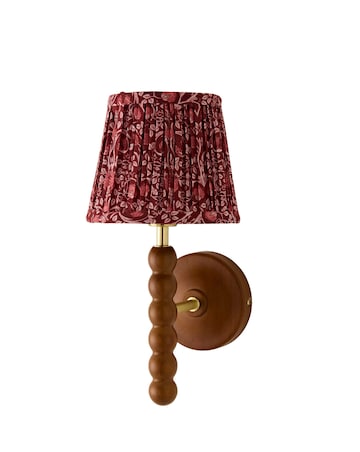 ValueLights Bobble Walnut Wall Light with Burgandy Floral Pleated Shade