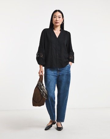 Black Lace Trim Button Through Prairie Blouse
