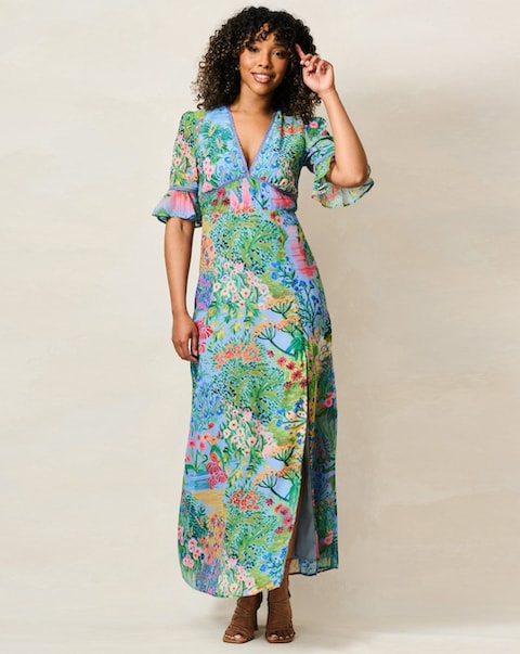 Hope & Ivy Hazel Frill Sleeve Thigh Split Open Back Maxi Dress With Lace Trim