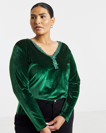 Simply Be Green Velvet Lace Trim Top
