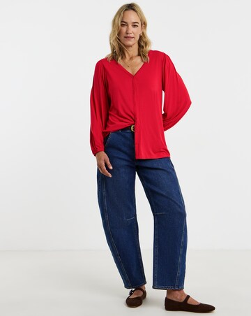 Red Button Front Long Sleeve Top