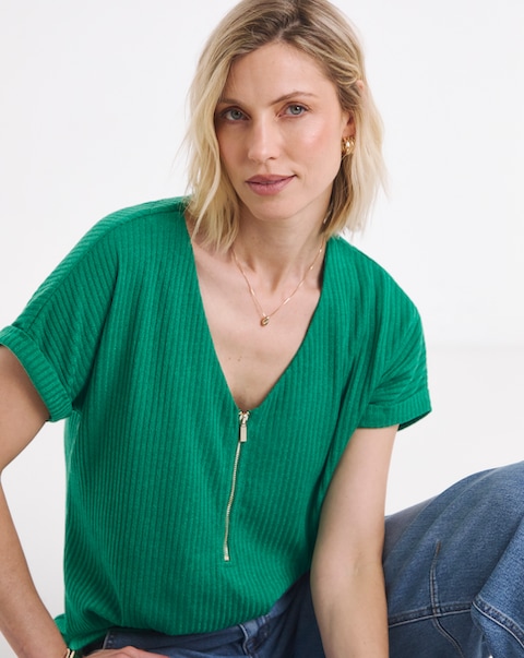 Green V Neck Zip Front Longline Top