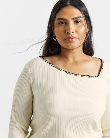 Simply Be Cream Asymmetric Neckline Blanket Stitch Long Sleeve Top