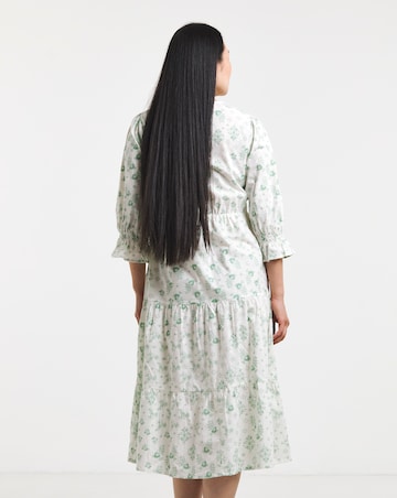 Cotton Dobby Button Through Dress With Puff Sleeve