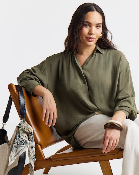 Khaki Oversized Crinkle Shirt