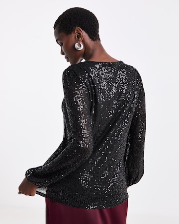 Black Sequin Long Sleeve Button Through