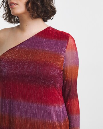 Multi Ombre Stripe Pleated Glitter Mesh One Shoulder Maxi Column Dress