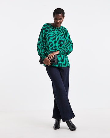 Green Animal Print Satin Raglan Blouse