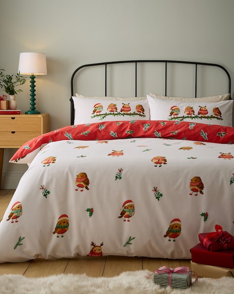 Catherine Lansfield Christmas Robins Duvet Cover Set