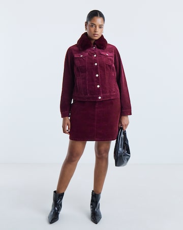 Burgundy Detachable Faux Fur Collar Cord Jacket