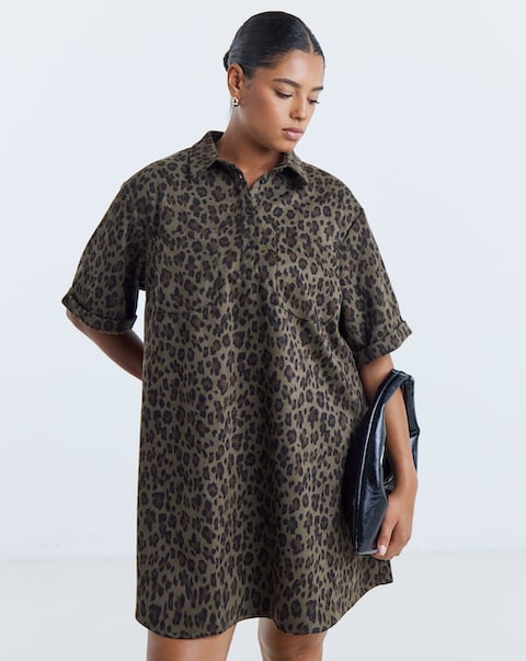Simply Be Green Leopard Print Suedette Shift Shirt Dress