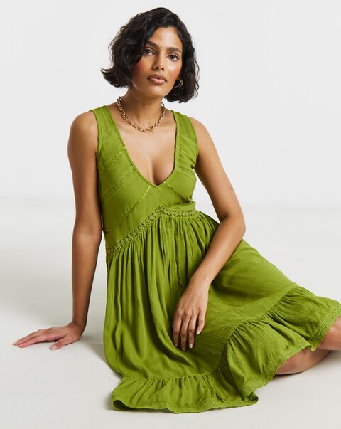 Crinkle Smock Dress With Ladder Trim
