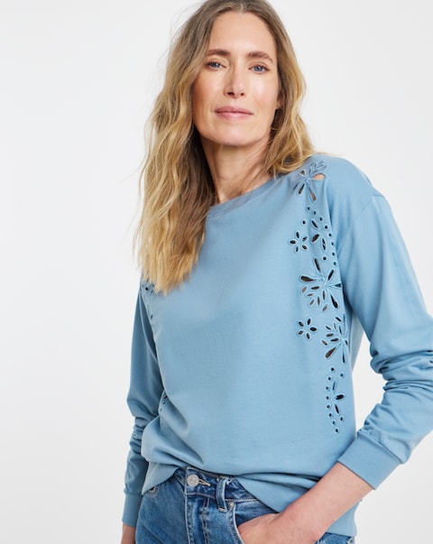 Pure Cotton Crew Neck Cutwork Long Sleeve Sweatshirt