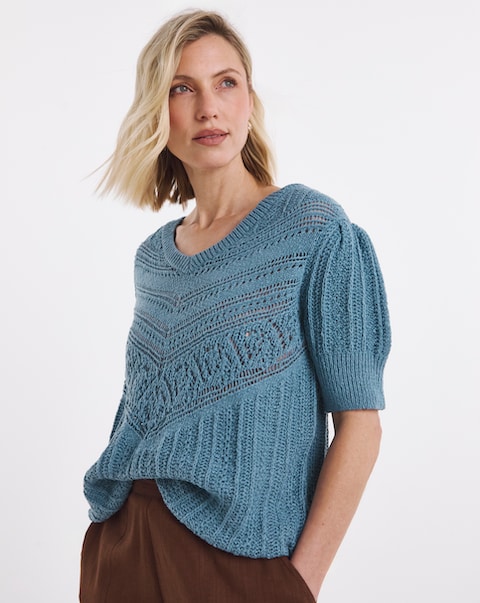 Blue Crochet V Neck Short Sleeve Jumper