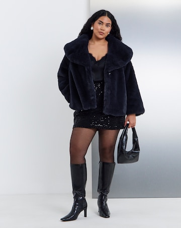 Navy Shawl Collar Plush Faux Fur Coat