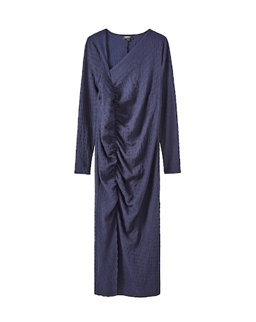 Navy Ruched Textured Jersey Midi Dress
