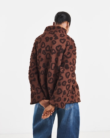 Brown Zip Through Heart Textured Longline Borg