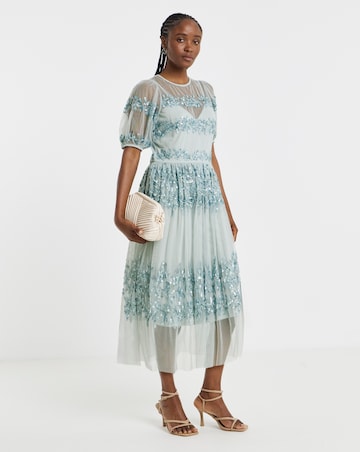 Maya Curve Puff Sleeve Stripe Sequin Embellished Tulle Midi Dress