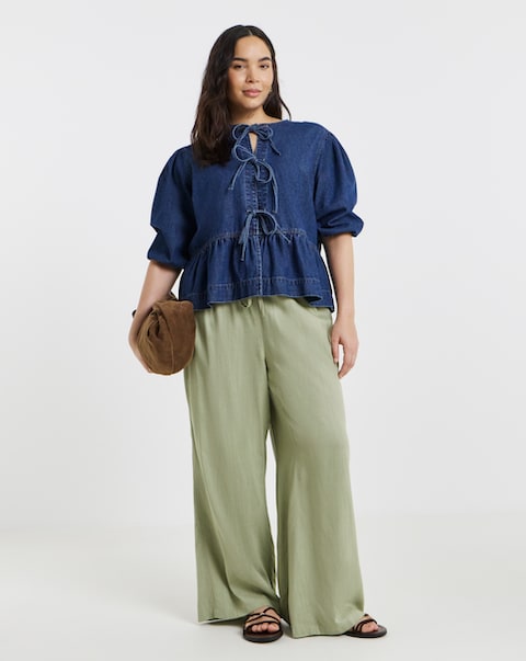 Simply Be Khaki Tie Waist Linen Mix Wide Leg Trousers