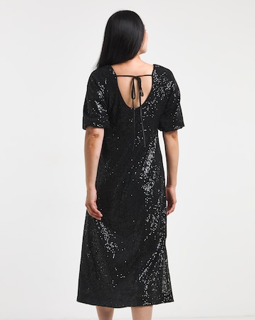 Linear Sequin Puff Sleeve Midi Dress
