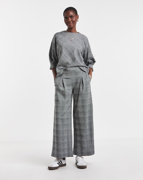 Grey Check Ponte Pull On Pleated Wide Leg Trouser