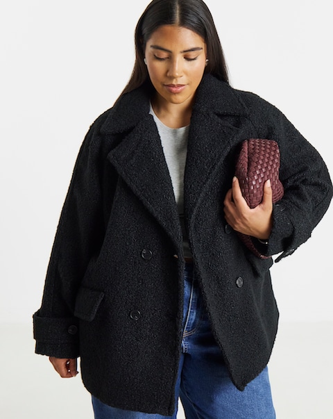 Simply Be Black Boucle Teddy Peacoat