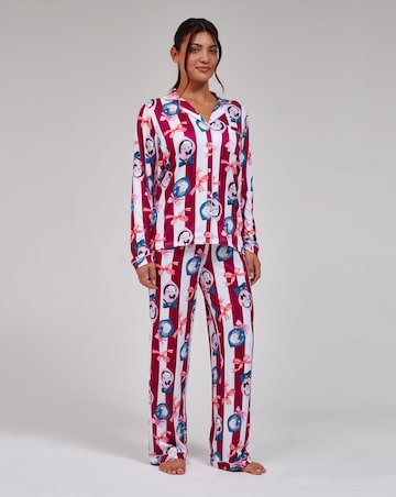 Loungeable Christmas Cat Stripe Super Soft Long Sleeve Button Through Pyjama Set