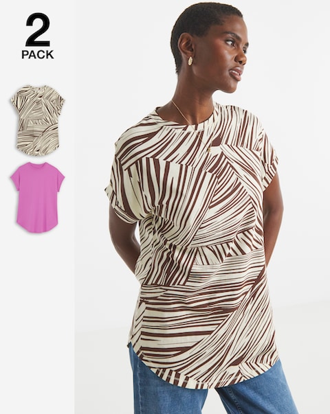 2 Pack Short Sleeve Curved Hem Longline Top