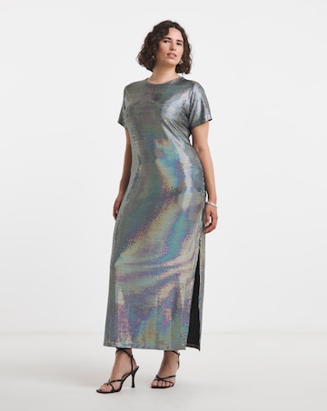 Silver Irredescent Foil Midi Column Dress