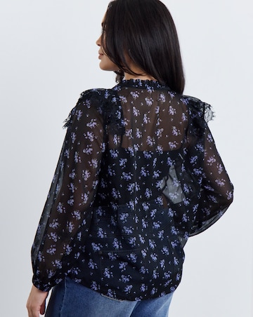 Simply Be Black Ditsy Lace Trim Chiffon Tuxedo Detail Blouse