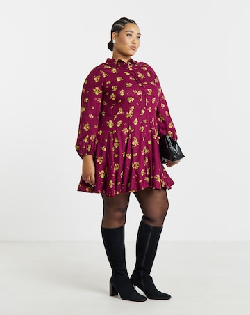 Simply Be Ditsy Print Long Sleeve Godet Shirt Dress