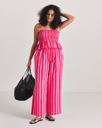 Pink Stripe Shirred Beach Top and Trouser Co-Ord Set