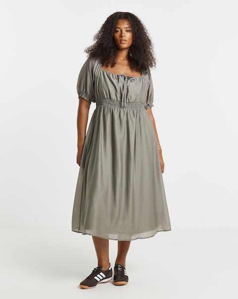 Simply Be Sage Shirred Milkmaid Midi Dress