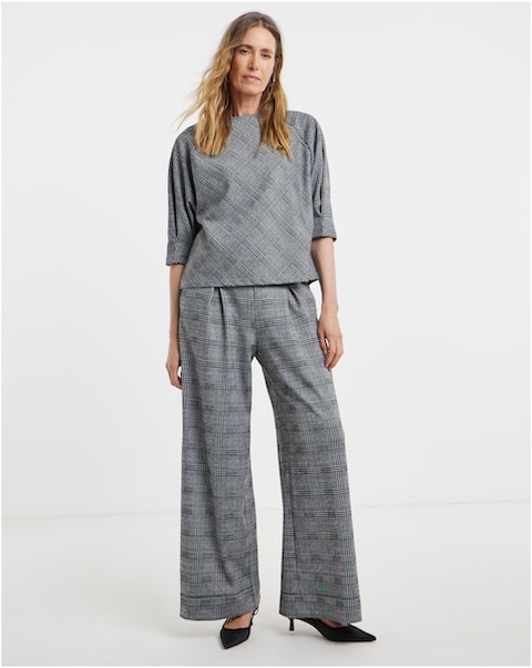 Grey Check Ponte Pull On Pleated Wide Leg Trouser