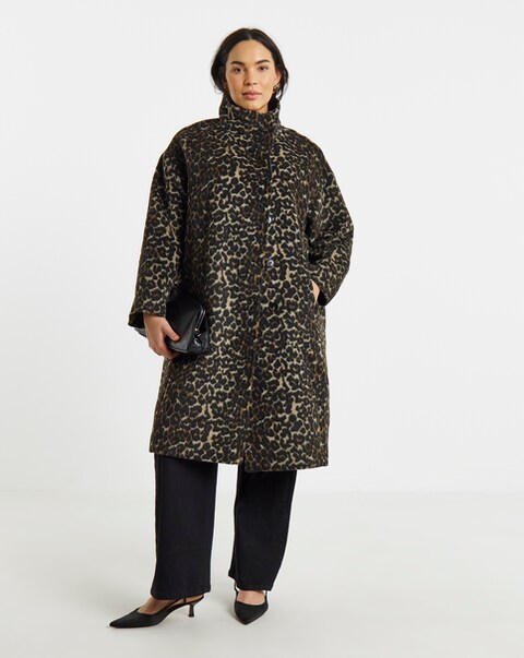 Leopard Print Funnel Neck Coat